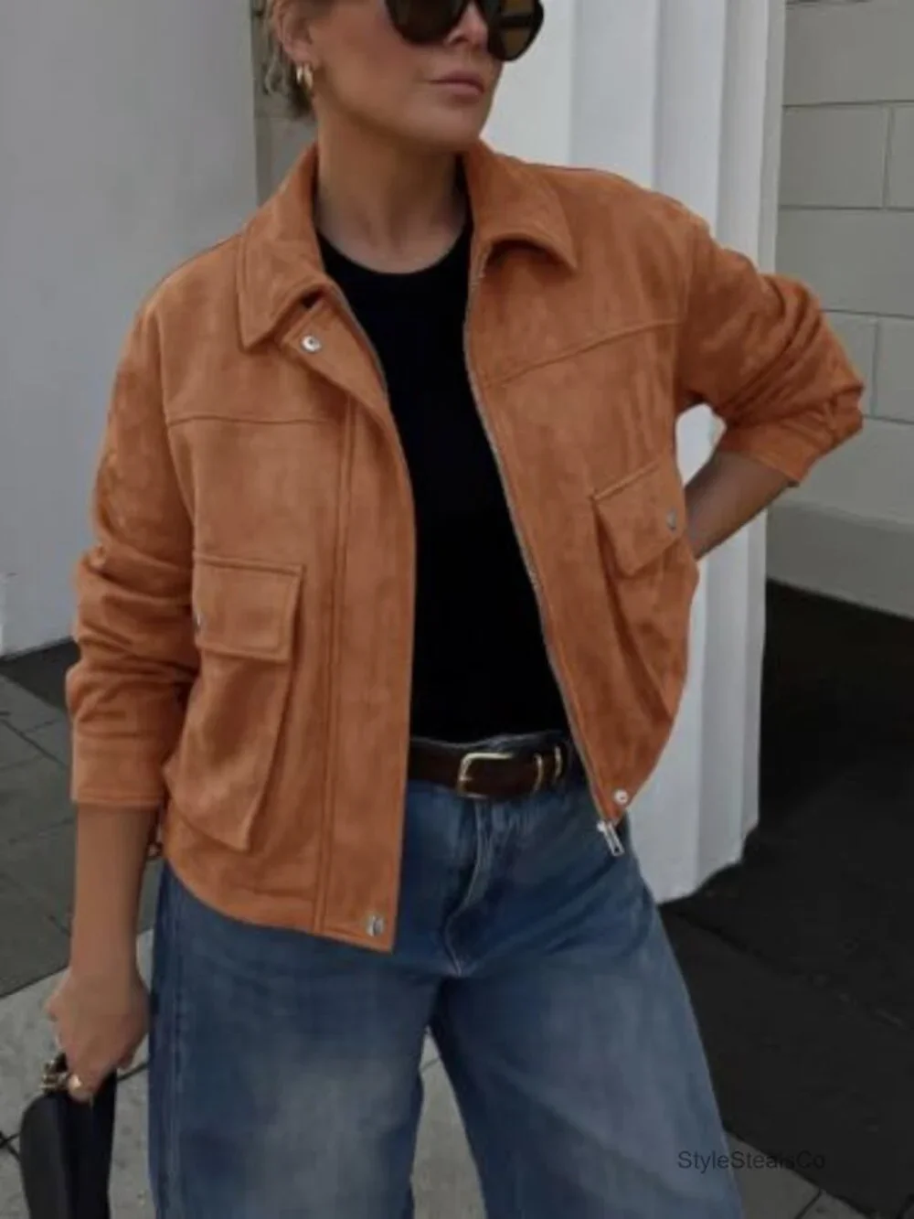 Faux Suede Cropped Bomber Jacket Zip Up Stand Collar Casual Coat